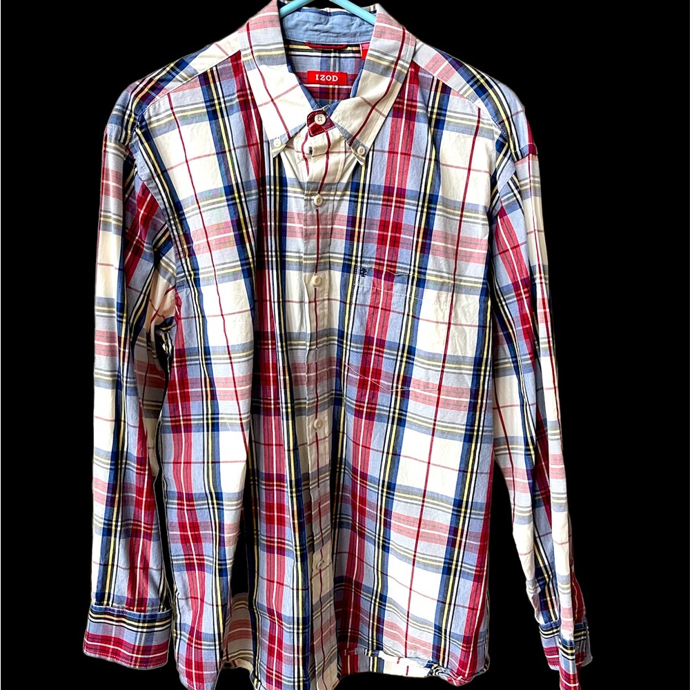 Mens IZOD Button-Down, Long Sleeve Polo, Size Large in Red, White, Blue